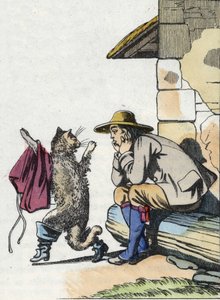猫は主人に服と長靴を求め、すぐにお金持ちになることを約束します。シャルル・ペローの物語「Le chat botte」の挿絵 作： Unknown artist