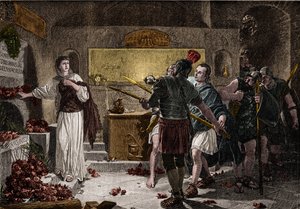 ローマのカタコンベは、1世紀にはキリスト教の殉教者を埋葬するために使われていたが、ローマ人からの妨害を受けることはなかった。257年頃、皇帝ヴァレリアンの時代になると、死者に対する迫害が始まり、多くのキリスト教徒が追われ、狩られた。 作： Unknown artist
