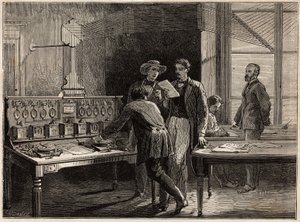 クルーゾー工場の中央電信局。1865年にL.シモンが行ったクルーゾーとソーヌとロワールの鉱山への航海を説明するためのエングレーヴィング。 作： Unknown artist