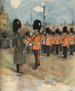 1893年、ロンドンのバッキンガム宮殿で行われた衛兵交代式。M.C.モレルのイラスト。ビアンケッティのコレクション。 作： Unknown artist