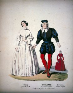 イタリアの作曲家ジュゼッペ・ヴェルディ（1813-1901）のオペラ「リゴレット」の第3幕に登場するジルダ、リゴレット、ジョヴァンナ。 作： Unknown artist