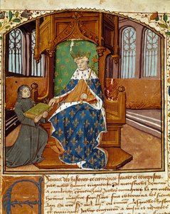 コラムニストの作家Enguerrand de Monstrelet (1400-1453)がシャルル7世(1403-1467)に自著を寄贈した。 Miniature from " Chronicles d
