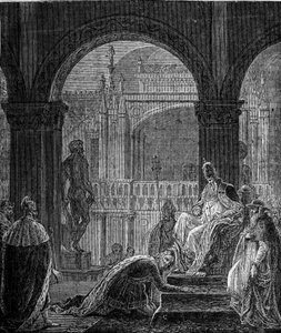 フレデリック・バルバロッサ(Federico Barbarossa)と教皇アレクサンドル3世(Alexander, AlessandroIII)の対立(1105-1181年)。1177年、ヴェネツィアのドージェの宮殿で皇帝バルベローゼに屈辱を与える。 フレデリック・バルバロッサ国教皇アレクサンへの公の参拝 作： Unknown artist