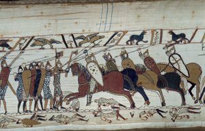 ノルマンディー公爵によるイングランド征服 1066年の征服王ウィリアム（1027-1087）：ノルマン人の歩兵とサクソン人の騎兵が対立するヘイスティングスの戦いの場面 バイユーのタペストリーの詳細またはマチルド王妃の刺しゅう