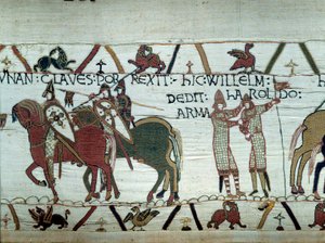 ノルマンディー公爵ウィリアム・ザ・コンケラント（1027-1087）によるブルターニュのコンケルト：左は公爵がディナンの街の鍵を受け取り、右はイングランド王エドワード懺悔師から派遣されたハロルドを騎士にしているところ。