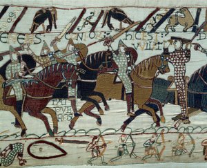 ノルマンディー公ウィリアム・ザ・コンケラント（1027-1087）の軍隊によるイングランドの征服。ヘイスティングスの戦いで、ヘルメットを持ち上げて兵士に認められるギヨーム公爵 バイユーのタペストリーまたはマティルド王妃の刺繍の詳細