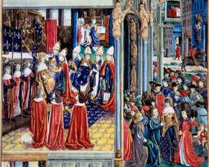 1226年11月29日にランスの大聖堂で行われたサン・ルイ王（ルイ9世）（1214-1270）の戴冠式」 15世紀の写本「モンシニョール・サン・ルイの事実の書」のミニチュア。パリ、B.N 作： Unknown artist