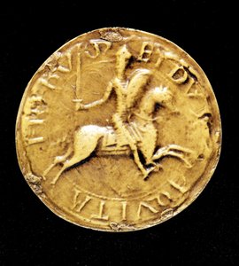 フランスのルイ7世（1120年～1180年）のカウンターシールで、馬に乗ったルイ7世が描かれています。 作： Unknown artist