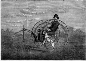 cynofere（シノフェール）：犬が運転するベロシペード。19世紀後半の発明品。1876年5月6日付「The Illustrious Universe」に掲載された図版。 作： Unknown artist