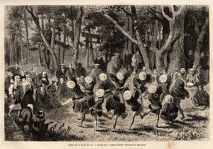 1年の10ヶ月目に行われる稲の丸い踊りは、穀類に関するものです。1863年から1864年にかけてスイス連邦公使アイム・アンベールが行った日本への旅を説明するためのエングレーヴィングで、「le tour du monde」に掲載されている。 作： Unknown artist