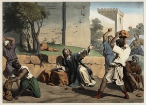 聖ステパノの死：ユダヤ人に石を投げつけられた聖ステパノは、キリスト教の最初の殉教者とされている。19世紀中頃の匿名の彫刻。 作： Unknown artist