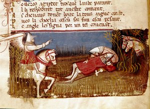 シャルルマーニュの甥である騎士ローランのロンセヴォーの戦いでの死、778年 「Entree of Spain」から引用したミニチュア。14世紀のヴェネツィア、ビブリオテカ・マルシアナ。 作： Unknown artist