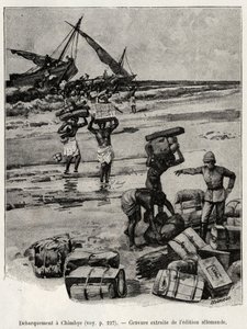 ピーターズ遠征隊のチムバイ（タンザニア）での下船風景。ピータース博士（1856-1918）の物語「Au secours d