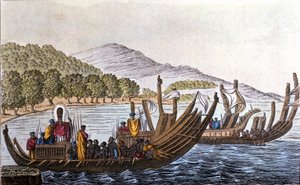 二重船体のカヌーに乗って太平洋を目指すポリネシア人の部。19世紀初頭のリトグラフ 作： Unknown artist