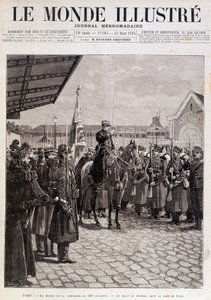 第200連隊の中隊の出発。リヨン駅での旗への挨拶。"The Illustrated World".23/03/1895.デッサン。