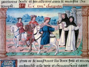 若き日のマルコ・ポーロ（1254-1324）の父と叔父であるニコロとマッテオ・ポーロ兄弟の出発と1271年頃の若き日のマルコ・ポーロとのツーショット。マルコ・ポーロ（1254-1324）の「不思議の書」（"Devisement du monde"、"Il Milione"）から抜粋したミニチュア 1298年 ビブル 作： Unknown artist