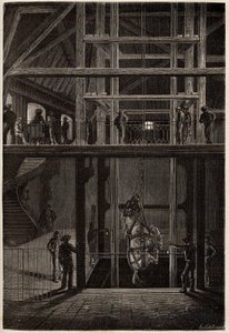 石炭車を運ぶための地下トンネルに使われたクルーゾー鉱山での馬の降下。1865年にL.シモンが行ったクルーゾーとソーヌとロワールの鉱山への航海を説明するための版画（「Le tour du monde, nouveau journal des