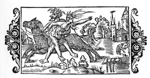 魔女を運ぶ悪魔-オラウス・マグヌスの「Historia de Gentibus Septentrionalibus」（ローマ、1555年）より 作： Unknown artist