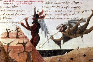 14世紀のダンテ・アリギエリ(1265-1321)の手書き版「神曲」の後の地獄の輪の中の悪魔たち。ミラノのBibl.Trivulziana。 作： Unknown artist