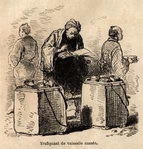 汚れた皿の商人1863年から1864年にかけてスイス連邦公使のアイム・アンベールが行った日本への旅を説明するためのエングレーヴィングで、エドゥアール・シャルトンの指揮の下、1869年にアシェット社、パリで出版された「le tour du monde」に掲載されている。 作： Unknown artist