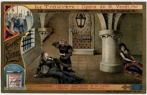 災厄 第4幕 第4場ジュゼッペ・ヴェルディ(1813-1901)のオペラ『見出だせ』(Il trovatore)の挿絵。19世紀末のリービッヒのクロモリトグラフィー（Chromo）。 作： Unknown artist