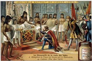 インド航路の発見：1498年5月末、カリカットのサムドリンによるヴァスコ・デ・ガマの受け入れ - 広告ヴィネット・リービグ 作： Unknown artist