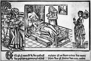 ペスティフェレのベッドにいる医者、Jérôme Brunschwigによる「Liber pestilentialis」の木版画、ストラスブール 作： Unknown artist