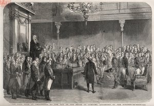 アーサー・ウェルズリー（1769-1852）（ウェリントン公爵）が下院のバーに立ち、ヴィメイロでの勝利に対する議長の祝辞を受けている様子（半島戦争 作： Unknown artist