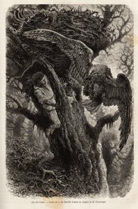 侵入者から自分の巣を守るイーグル。1851年から1852年にかけてM.Pousselgueが執筆した「Quatre mois en Florida」という物語を説明するためのエングレーヴィングで、D