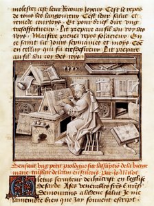 聖職者、写本屋、翻訳家であるジャン・ミエロ（1472年没）が事務所で作業している様子。 15世紀の写本のページ。パリ、B.N. 作： Unknown artist