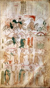 神聖帝国ヘンリー6世（1165-1197）のローマ入国と、1191年4月14日の教皇セレスティン3世による皇帝としての戴冠式 ピエトロ・ダ・エボリ（エボリのペーター）の「Liber ad honorem Augusti」からの引用ページ - （codex 120, fol 105） 13世紀のBurgerbibli 作： Unknown artist