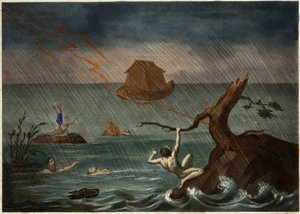 遠くにノアの箱舟がある大洪水の様子。19世紀中頃の匿名の彫刻。 作： Unknown artist