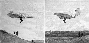 ドイツの航空技術のパイオニア、オットー・リリエンタール（1848-1896）の飛行機体の2つの異なる姿勢（インスタント写真より）。1894年2月3日の「La Nature: revue des sciences et de leurs applications aux arts et a l
