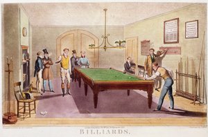 The game of billiards ビリヤードをする英国上流社会の紳士たち。1827年のエングレーヴィング。個人蔵 作： Unknown artist