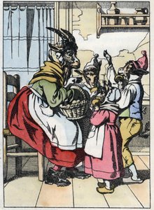 ヤギは市場から出てきて、ビケットの歴史を聞いています。Jean de la Fontaineの寓話に倣った物語「Compere le Loup, Maitre Renard, Comere la Chevre et ses petits biquets」の挿絵。小さな子供たちのための家庭の物語」では