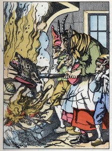 煙突の中でヤギがオオカミを殺します。Jean de la Fontaineの寓話に倣った物語「Compere le Loup, Maitre Renard, Comere la Chevre et ses petits biquets」のイラスト。小さな子供たちのための家庭の物語」の中で。19t年の匿名のエングレーヴィング 作： Unknown artist