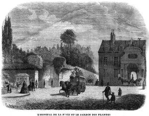 1858年、パリのピティ・サルペトリエール（PITIE-SALPETRIERE）の病院と植物の庭。 作： Unknown artist