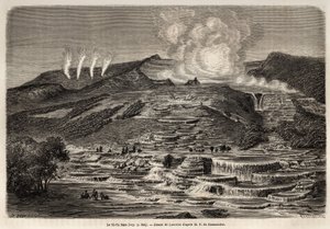 白いシリカが重なったテラスに囲まれたテ・タラタの温泉、左には4つの間欠泉、右には湖と滝、1858年から1860年にかけてニュージーランドを訪れたフェルディナンド・デ・ホシュテッターの旅を描くためにランスロットが描いたものです。エングル 作： Unknown artist