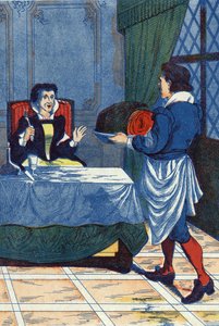 ホテルの主人はオグレスに子供を出す。フランスの作家、シャルル・ペロー（1628-1703）の物語「眠れる森の美女」の挿絵。イラストは匿名。イメージ：Marcel Vagne, Jarville Nancy, undated (late 19th century). 作： Unknown artist