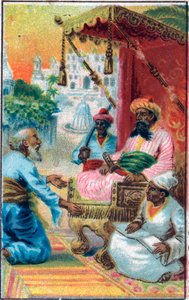 王様とインディアン。Les mille et une nuits"(les 1001 nuits ou Le mille e una notte, Arabian Nights)の中のTale "Histoire du cheval enchante"。19世紀末のクロモリトグラフ。 作： Unknown artist
