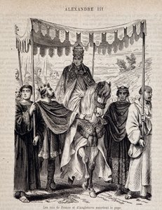 フランス王ルイ7世（1120 - 1180）とイングランド王エスコート教皇アレクサンダー3世 - "Histoire des popes", n.d. 作： Unknown artist