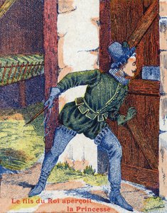 王様の息子はお姫様を見た。フランスの作家、シャルル・ペロー（1628-1703）の「ロバの皮」の物語の挿絵。イメージ：Marcel Vagne, Jarville Nancy, undated (19世紀後半). 作： Unknown artist