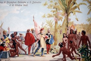 クリストファー・コロンブスが1492年12月10日にサンサルバドル（バハマ）に上陸した時の様子。クロモリトグラフ19世紀。 作： Unknown artist