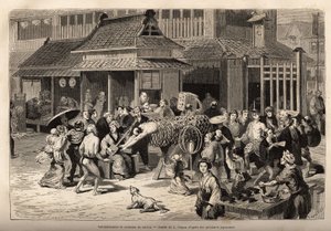 主なアトラクションは、交差するポールに取り付けられたフープを飛び越えたり、イーゼルに置かれた竹製の格子の長い円筒を、バランスの取れた水差しを携えて渡ったりする天才的なジャンパーです。 作： Unknown artist