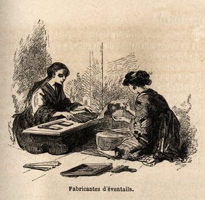 イーブンテールの製造。1863年から1864年にかけての日本への航海を説明するために、スイス盟約者団の大臣アイム・アンベールがエドゥアール・シャルトンの指揮のもとに出版した「Le tour du monde, nouveau journal des voyages」に掲載されたエングレーヴィング。 作： Unknown artist
