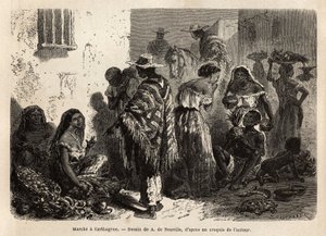カルタヘナ（コロンビア）郊外の、主に黒人、メチス、インディアンが出入りする行進の様子。1869年にサフレー博士が行ったニューグラナダへの航海を説明するためのエングレーヴィングで、1872年にエドゥアール・シャルトンが編集した「Le tour du monde」に掲載されている。 作： Unknown artist