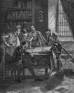 ヴィエイユヴィルのマレシャルは、フランス王アンリ2世（1519-1559）から、彼とその場にいた5人の領主に、ギエンヌ、リムーザン、ケルシー、サンスクリットのすべての高利貸しとルーサーを没収する権利を与えられた特許に短剣を仕込んだのである。 作： Unknown artist