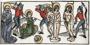ローマの聖フェリシテと7人の息子の殉教 VoragineのJacobus (James) (1228-1298)の "Leben der Heiligen - sommerteil" (聖人の書物)からのエングレーヴィング。Lubeck 1488年。 作： Unknown artist