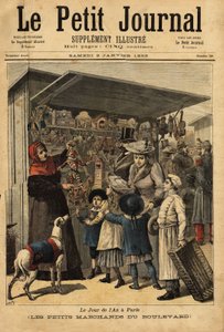 パリの1年の日の商人とその大通りの表示。Le petit journal "1892年2月1日号に掲載されたエングレーヴィング。セルバのコレクション。 作： Unknown artist