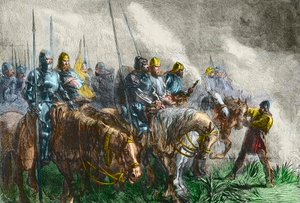 アジャンクールの戦いの朝 - 100年戦争。1415年10月25日のアジンクールの戦い（Pas-de-Calais）-アジンクールの戦いの前に-。 作： Unknown artist